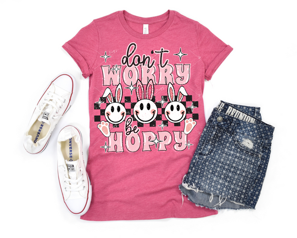 Don't Worry Be Hoppy (racing checkers, bunny smiley faces, pink leopard print) 8907 DTF Transfer