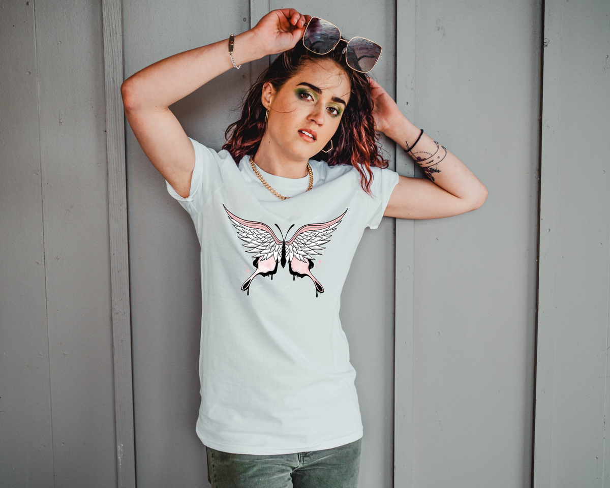 Butterfly design with drips from wings, pinks, white, and black coloring 1265 DTF TRANSFER