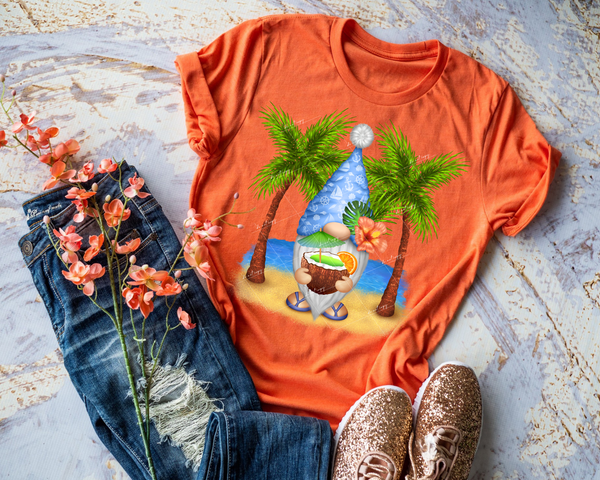 Beach Gnome BLUE, palm trees, coconut drink, beach background 1329 DTF TRANSFER