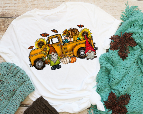 Fall yellow/orange truck, gnomes, sunflowers, pumpkins, butterflies, turquoise pendants, fall colors DTF TRANSFER