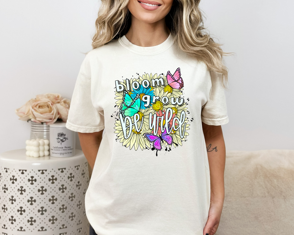 Bloom Grow Be Wild (daisies, butterflies background, white lettering) 8956 DTF Transfer