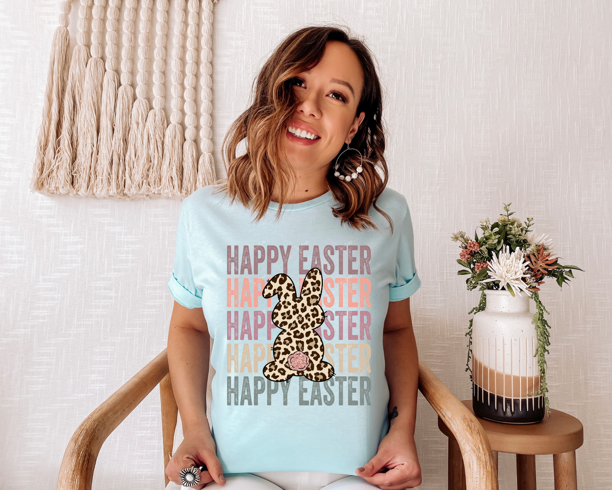 Happy easter stacked (block lettering, leopard print bunny back, pastel distressed colors) 1496 DTF TRANSFER