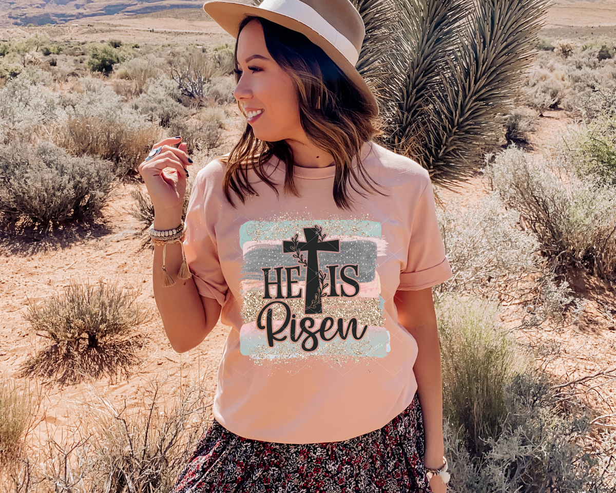 He is risen (outlined cross, mint green, gold glitter, light coral, brushed stroke background) 1501 DTF TRANSFER