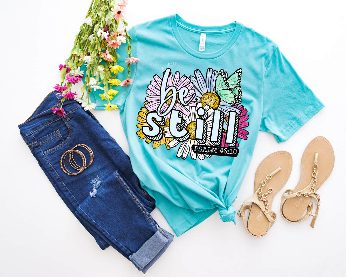 Be Still Psalm 46:10 (daisies, butterflies background, light blue lettering) 8956 DTF Transfer