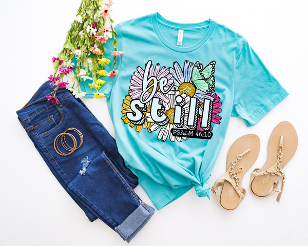 Be Still Psalm 46:10 (daisies, butterflies background, light blue lettering) 8956 DTF Transfer