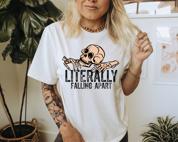 Literally Falling Apart (skeleton with distressed black block lettering) 1388 DTF TRANSFER