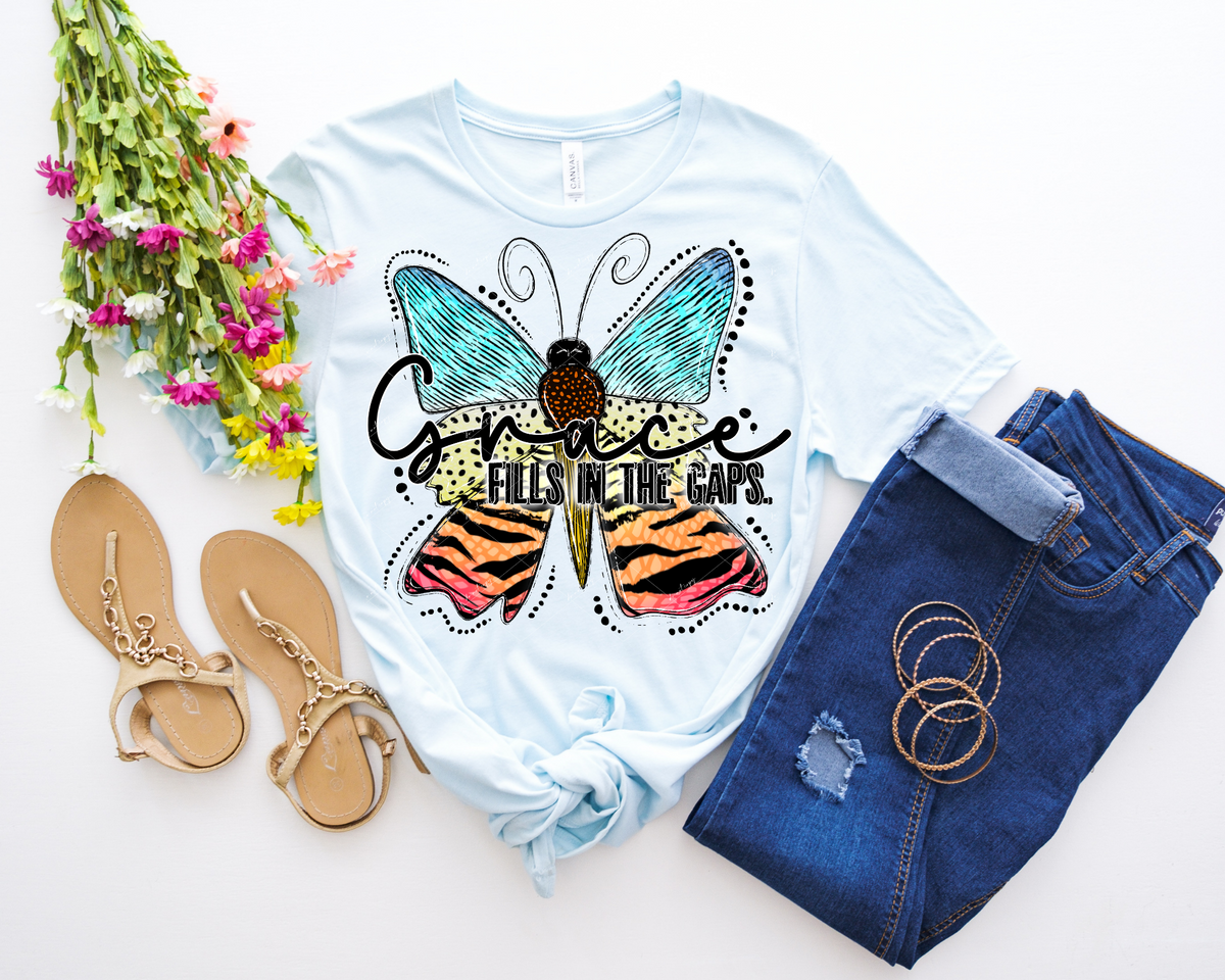 Grace Fills In The Gaps. (large butterfly colorful, black lettering) 9064 DTF TRANSFER