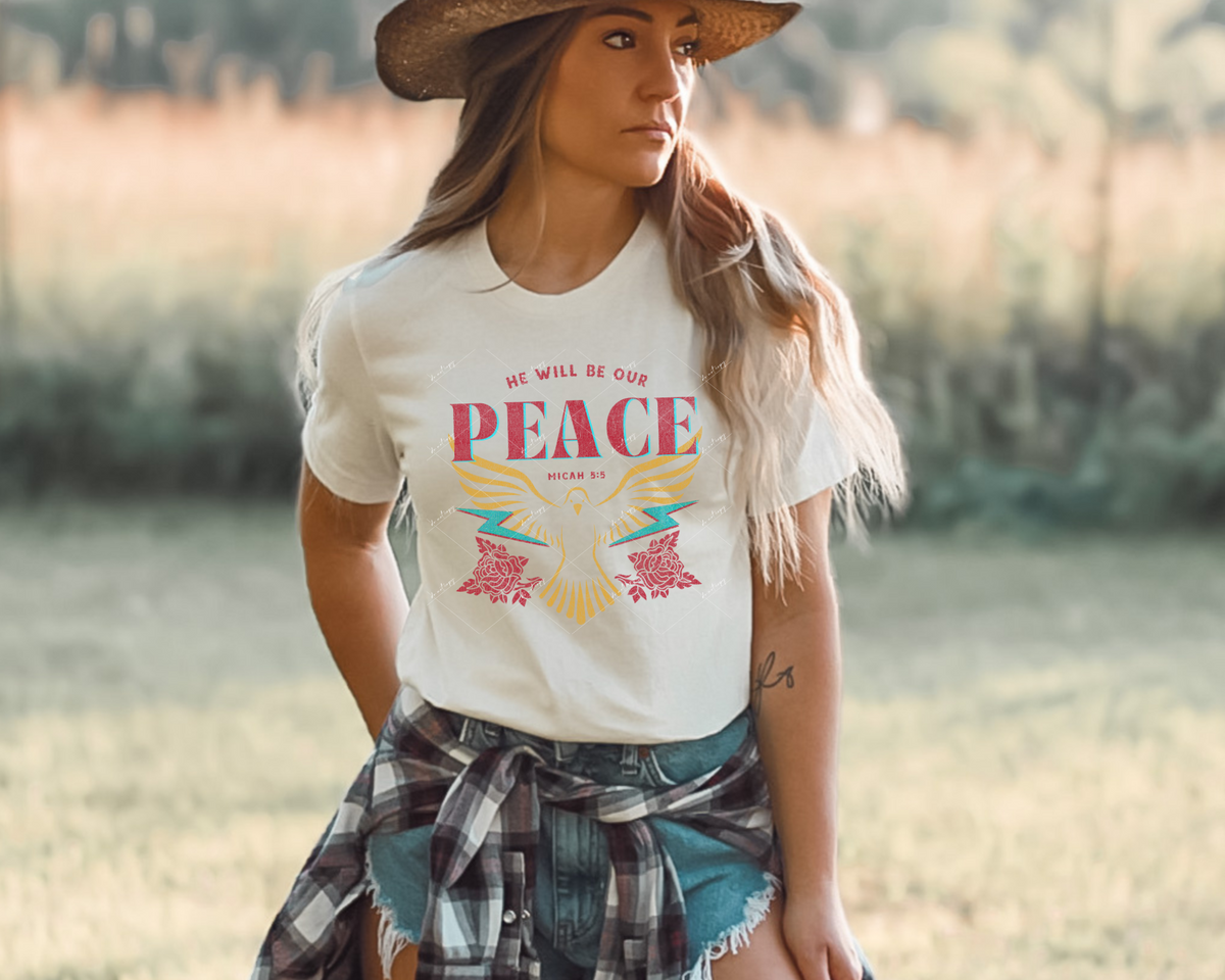 He will be our PEACE Micah 5:5 (dove, lightning bolts, flower, teal, yellow, dark pink, distressed) 112720 DTF TRANSFER