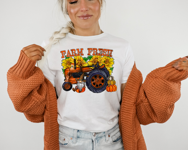 Farm Fresh (vintage orange tractor, gnome, pumpkin, sunflowers, coffee cup, block lettering with distressed orange fill) 1389 DTF TRANSFER