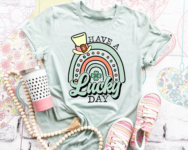 Have A Lucky Day (leprechaun hat, rainbow, clover, type lettering with 70's vibe lettering) 9065 DTF TRANSFER