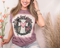 Where God Guides He Provides (sage green, dusty rose color floral background, silver textured cross, pink heart) 8958 DTF Transfer