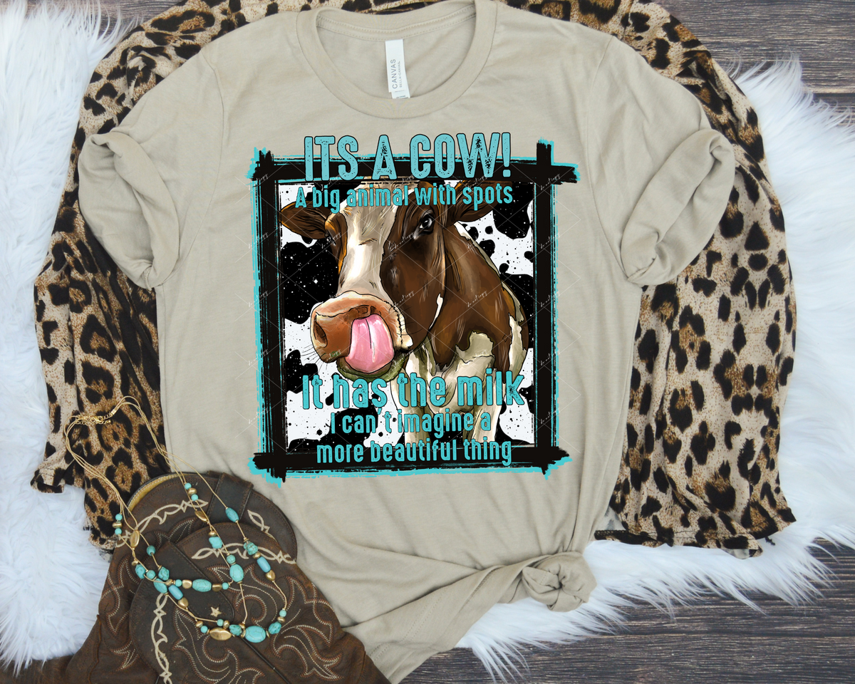 Its a cow! A big animal with spots. It has the milk I can't imagine a more beautiful thing (cow, turquoise, framed) 112253 DTF TRANSFER