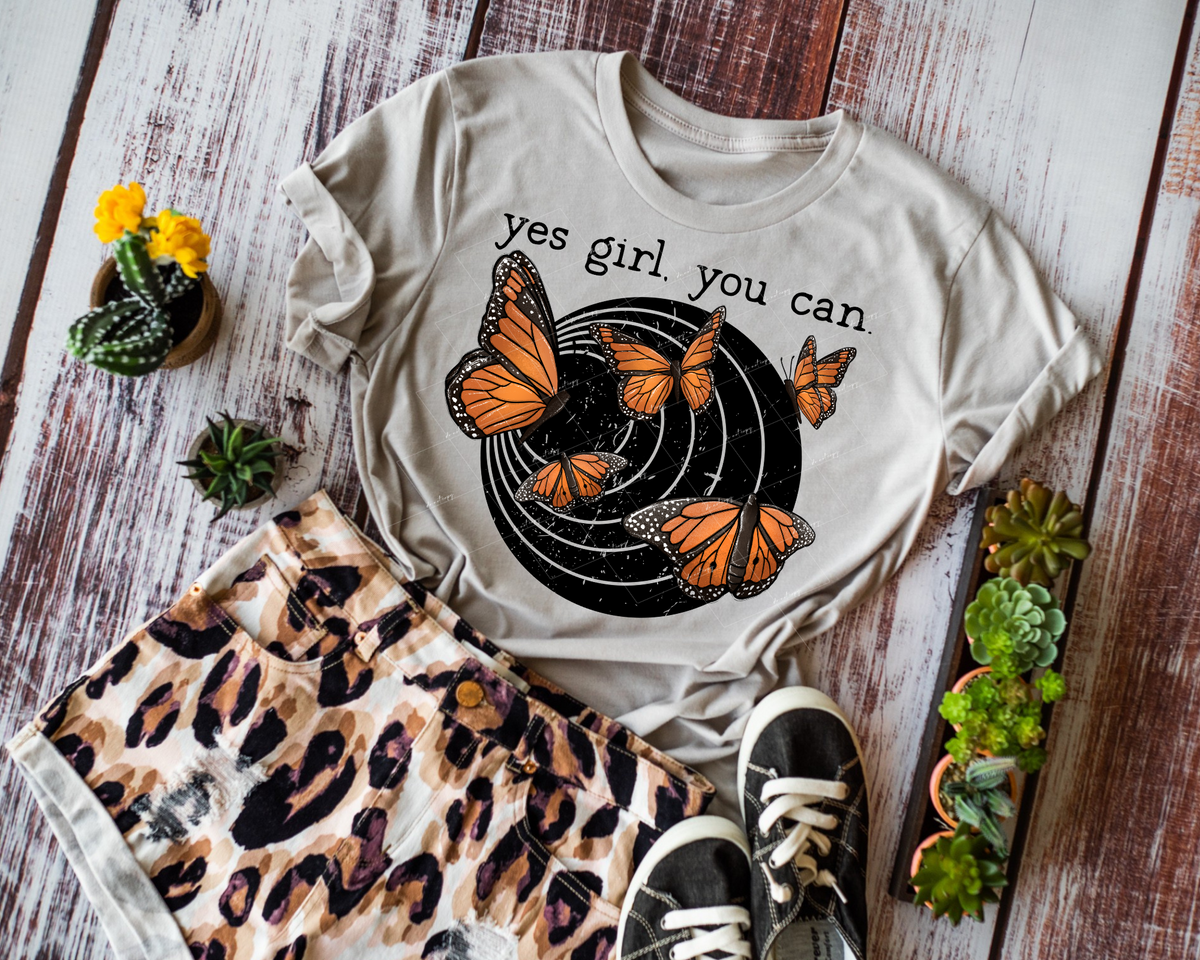 Yes Girl, You Can. (black circles, with monarch butterflies) 1992 DTF TRANSFER