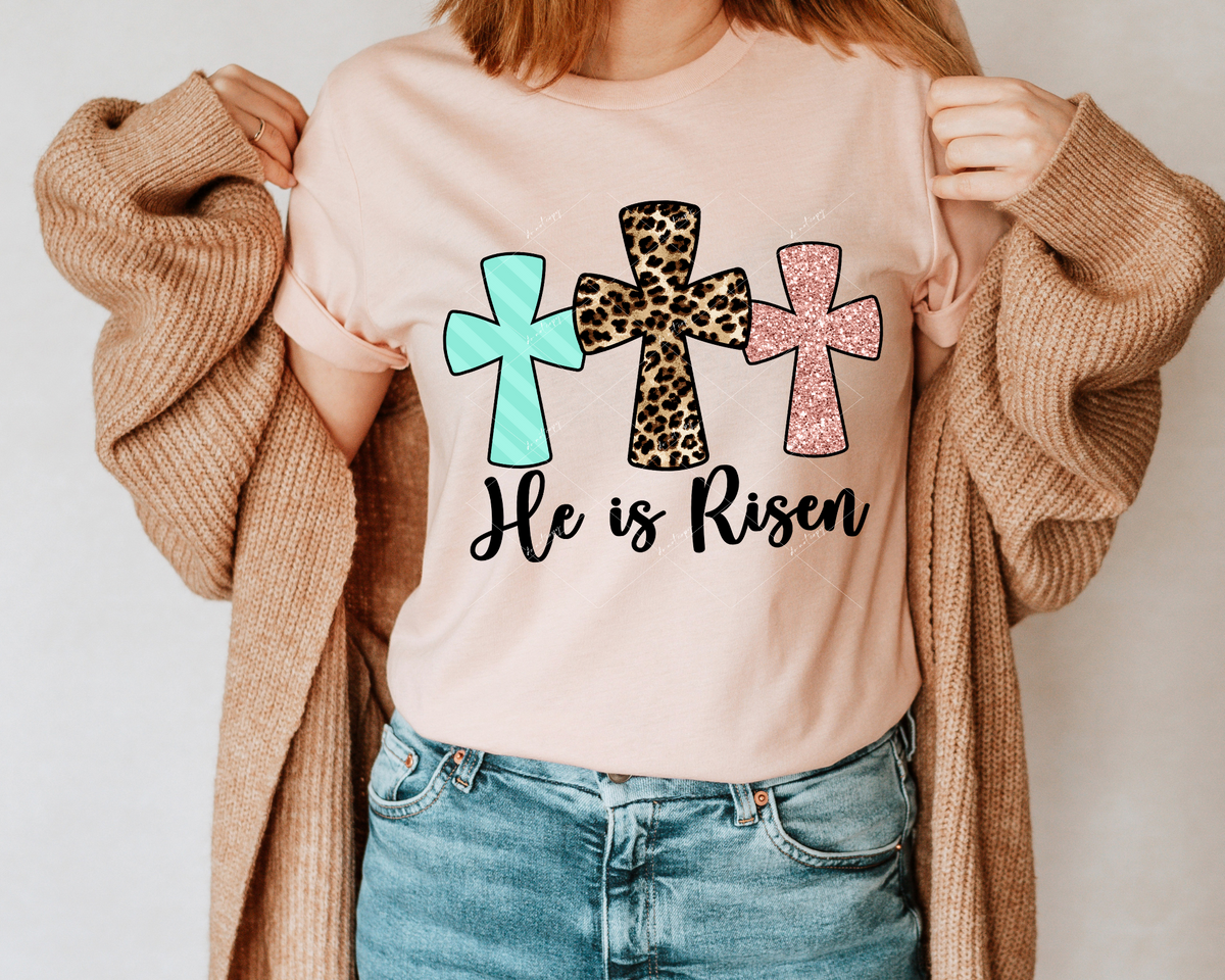 He is risen (three crosses, mint green stripe, leopard print, coral glitter) 1506 DTF TRANSFER