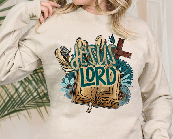 Jesus Lord (open book, teal & tan colors, daisies, wooden cross) 8959 DTF Transfer