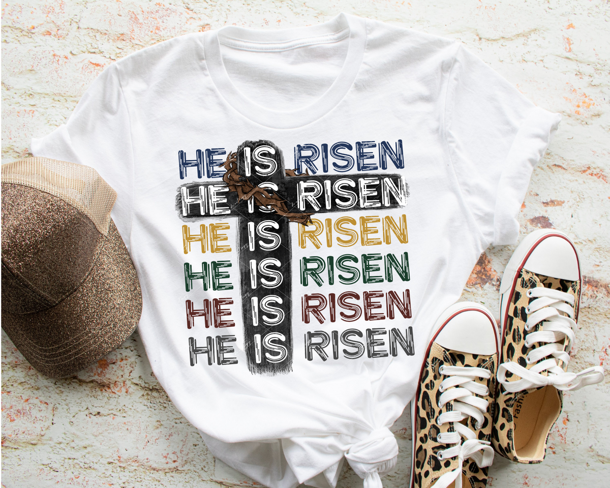 He Is Risen x6 (earth tone color lettering, cross, thorn crown) 9067 DTF TRANSFER