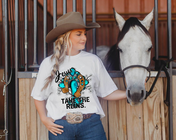 Jesus Take The Reins (gold horseshoe, turquoise cross, little white flowers, black lettering) DTF Transfer