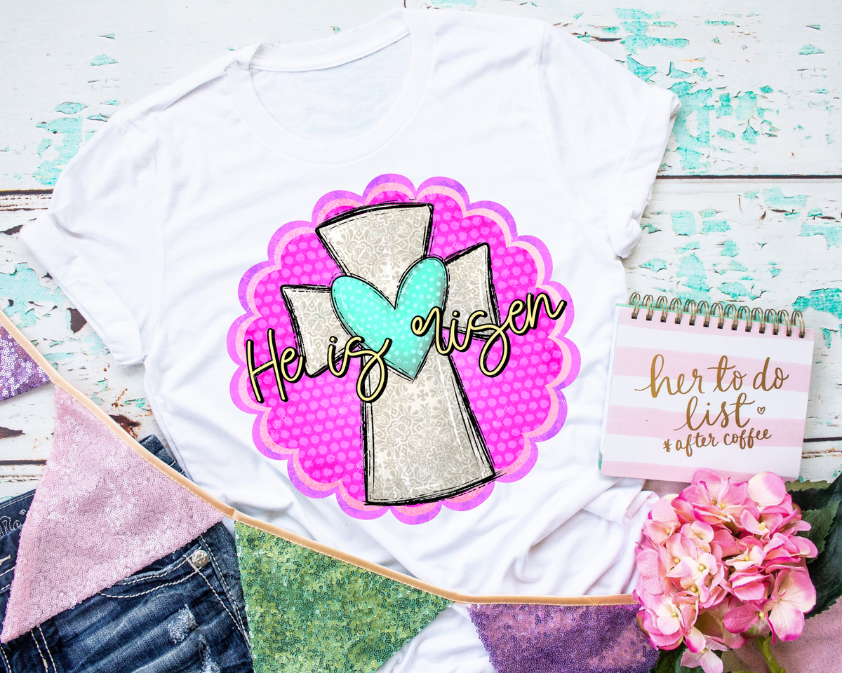He Is Risen (bright pink & purple background, silver cross with filigree print, blue heart) DTF TRANSFER