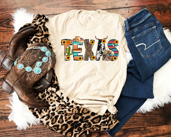 Texas (western texture filled block font, sunflowers, western elements) DTF TRANSFER