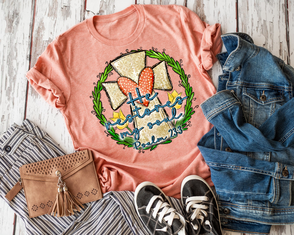 He Restores My Soul Psalm 23:3 (bright greenery frame, gold cross with filigree print, orange heart, blue lettering, yellow tulips) DTF TRANSFER