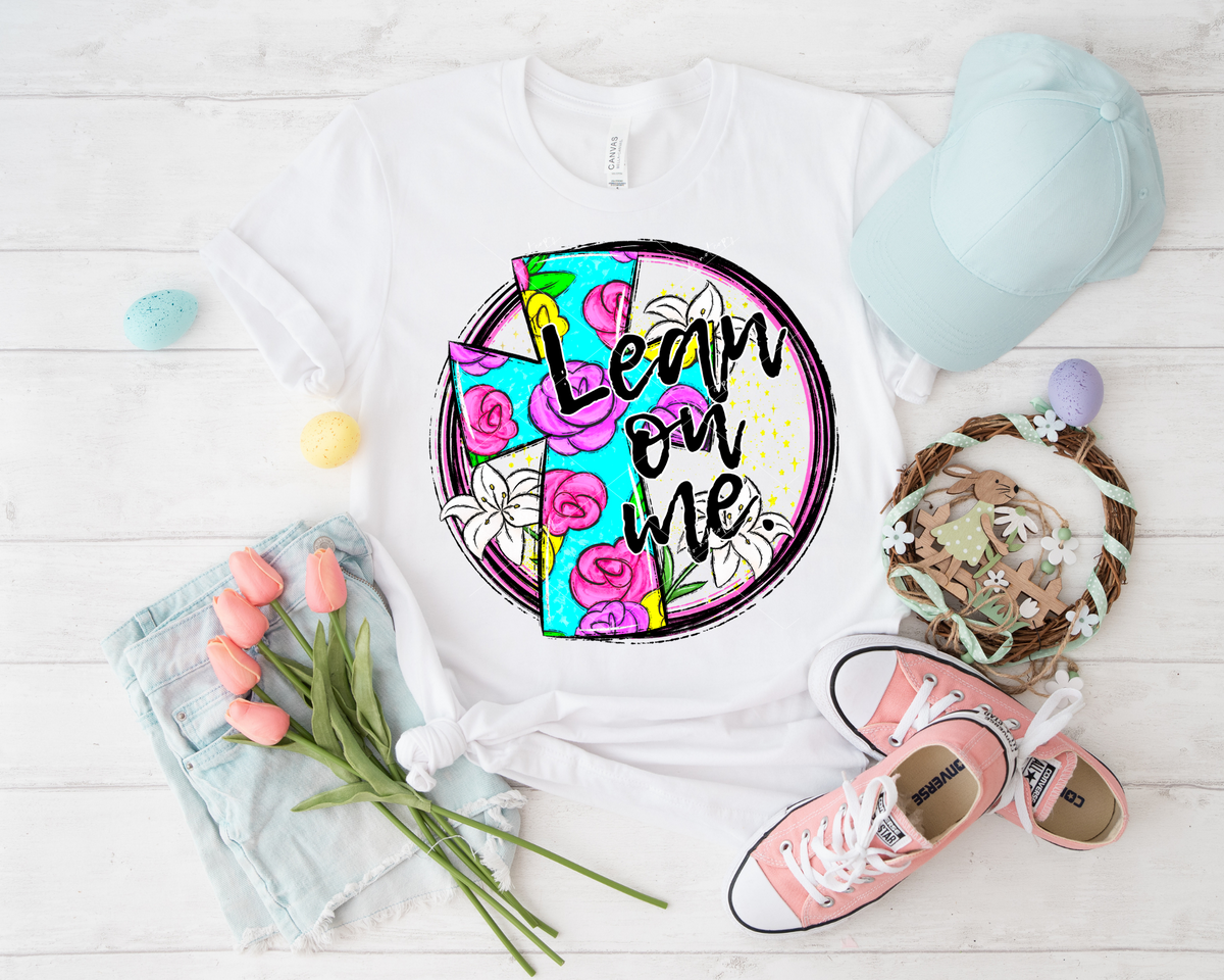 Lean On Me (bright floral cross, white lilies, circle frame) 8963 DTF Transfer