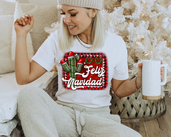 Feliz Navidad (red & black buffalo plaid, candy cane stripes, cactus with Santa hats & Christmas lights, Christmas wreaths, white cursive lettering) 1394 DTF TRANSFER