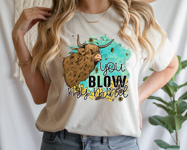 You Blow My Mind (long hair heifer, blue textured background, sunflowers, black block distressed letters and black w/white outline handwriting lettering) 1920 DTF TRANSFER