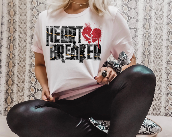 Heart Breaker (black block lettering, red distressed heart, gold glitter line streaks) 1504 DTF TRANSFER