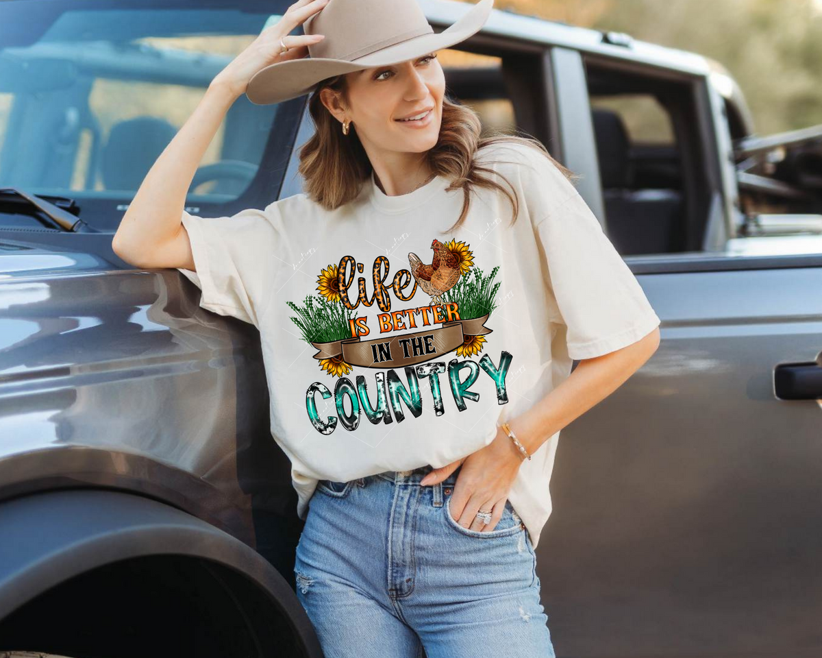 Life Is Better In The Country (leopard, cow, & turquoise textured lettering, grass, chicken, sunflowers) 8963 DTF Transfer