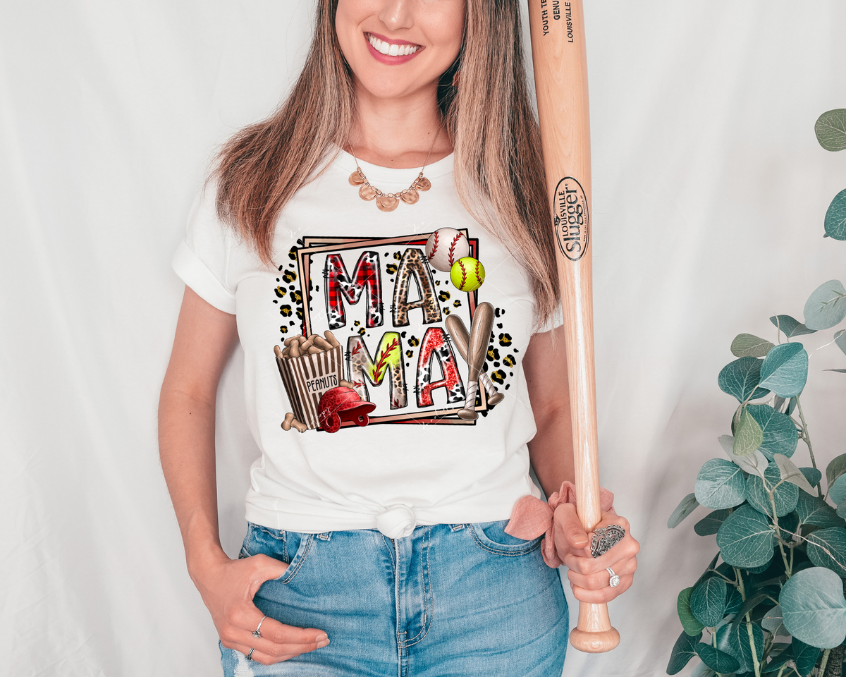 Mama softball and baseball with frame (softball elements, square frame, leopard print) 8964 DTF Transfer
