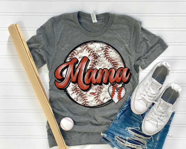 Mama (baseball background distressed, heart, red lettering)  DTF Transfer