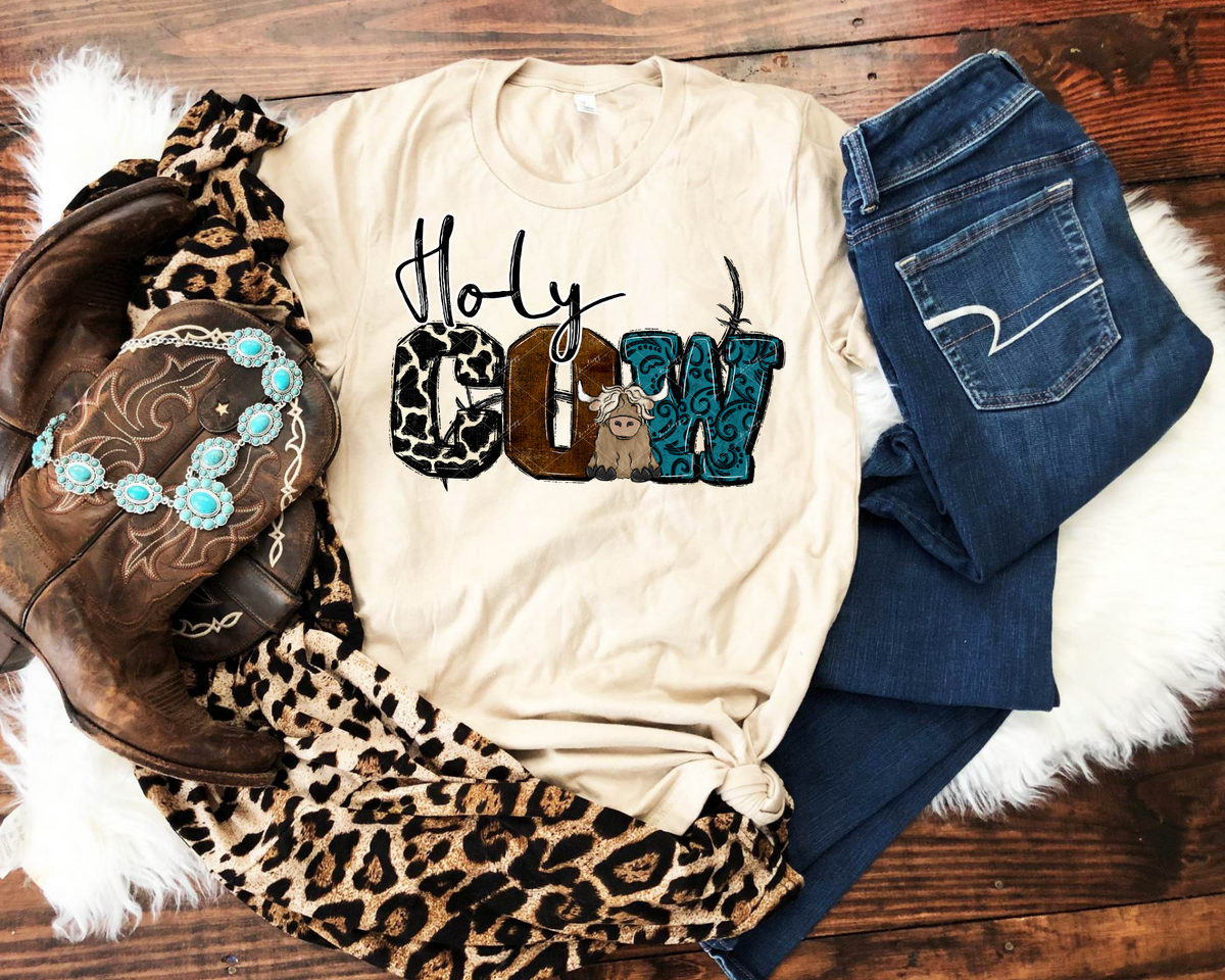 Holy Cow (block lettering with western textures, long hair heifer, black marker lettering) 9072 DTF TRANSFER