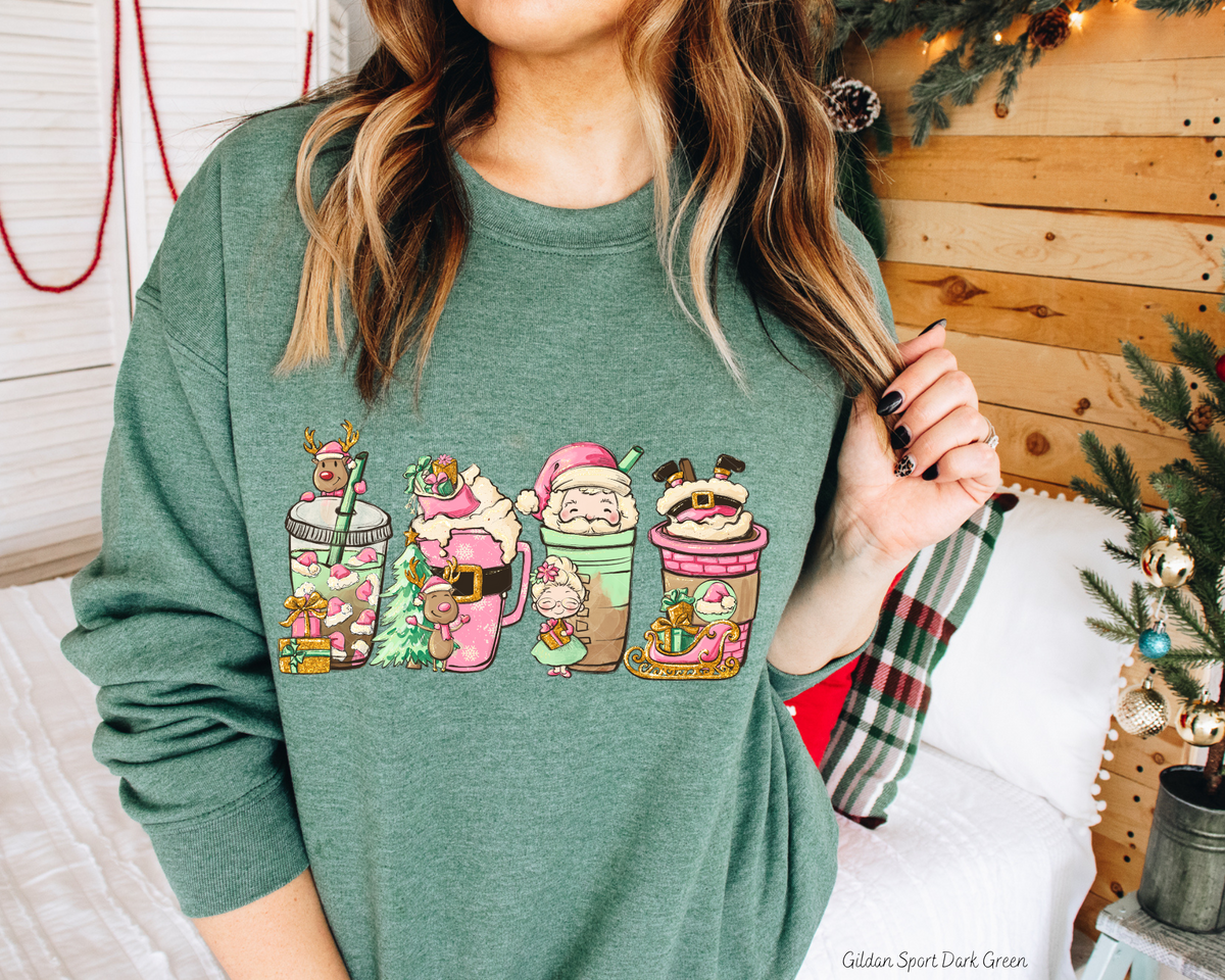 Pink Coffee Mugs Reindeer Santa Sled Pink Green (No Font) 1128 DTF TRANSFER