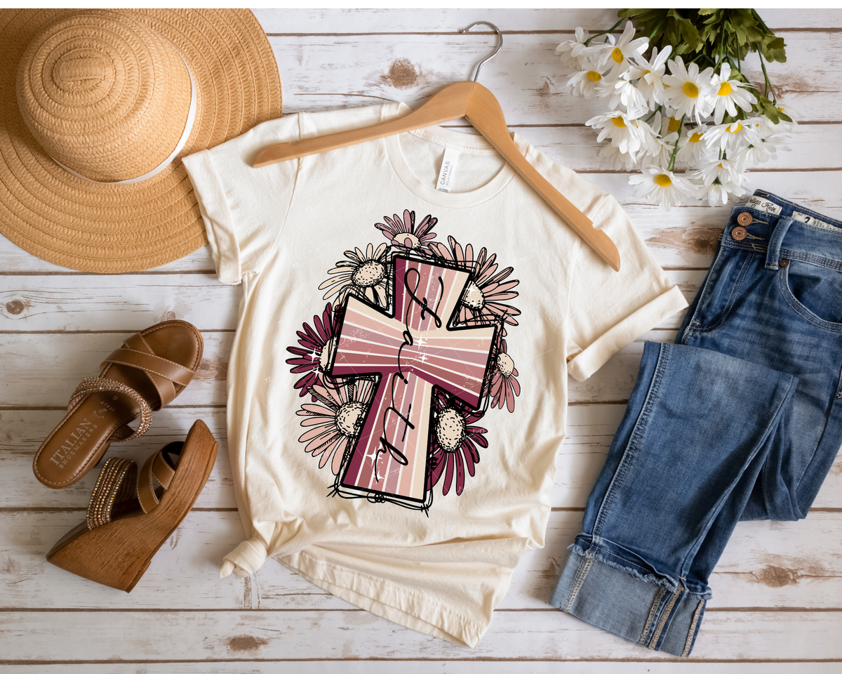 Faith (large cross, striped, burgundy to cream tone colors, large daisies background) 1795 DTF TRANSFER