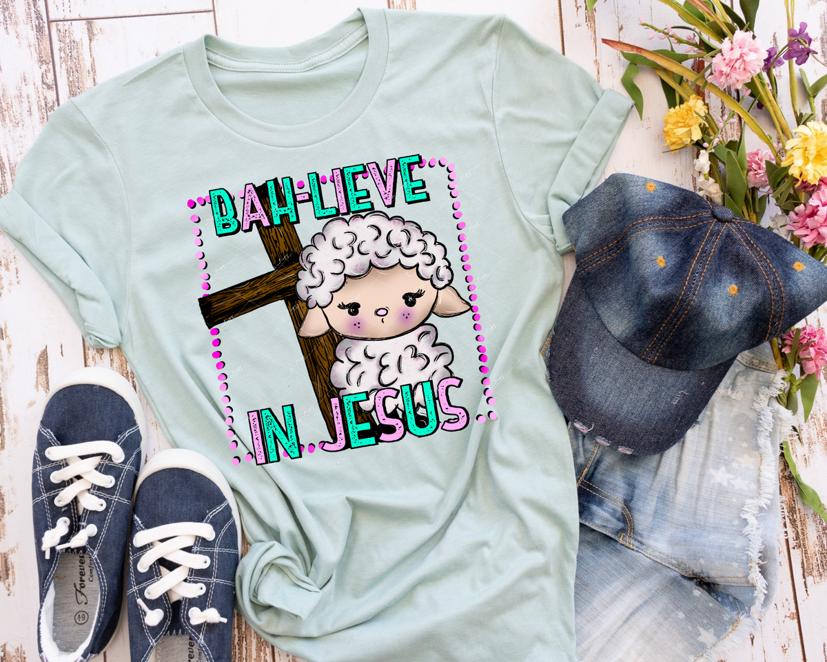 Bah-lieve in Jesus (wooden cross, lamb, pink & mint green distressed lettering) 9021 DTF TRANSFER