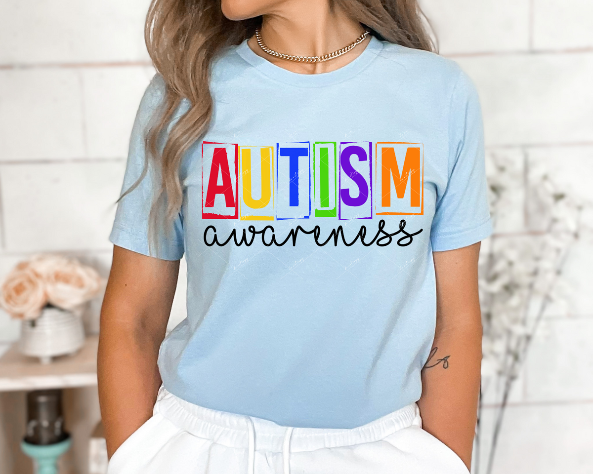 Autism Awareness (bright primary color block lettering with black cursive) 112719 DTF TRANSFER