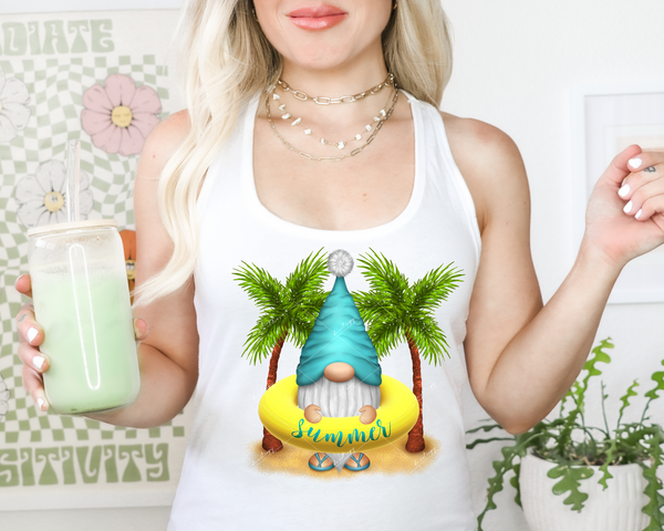 Summer (beach yellow inflatable gnome, palm trees, inflatable ring, sand background) 1330 DTF TRANSFER