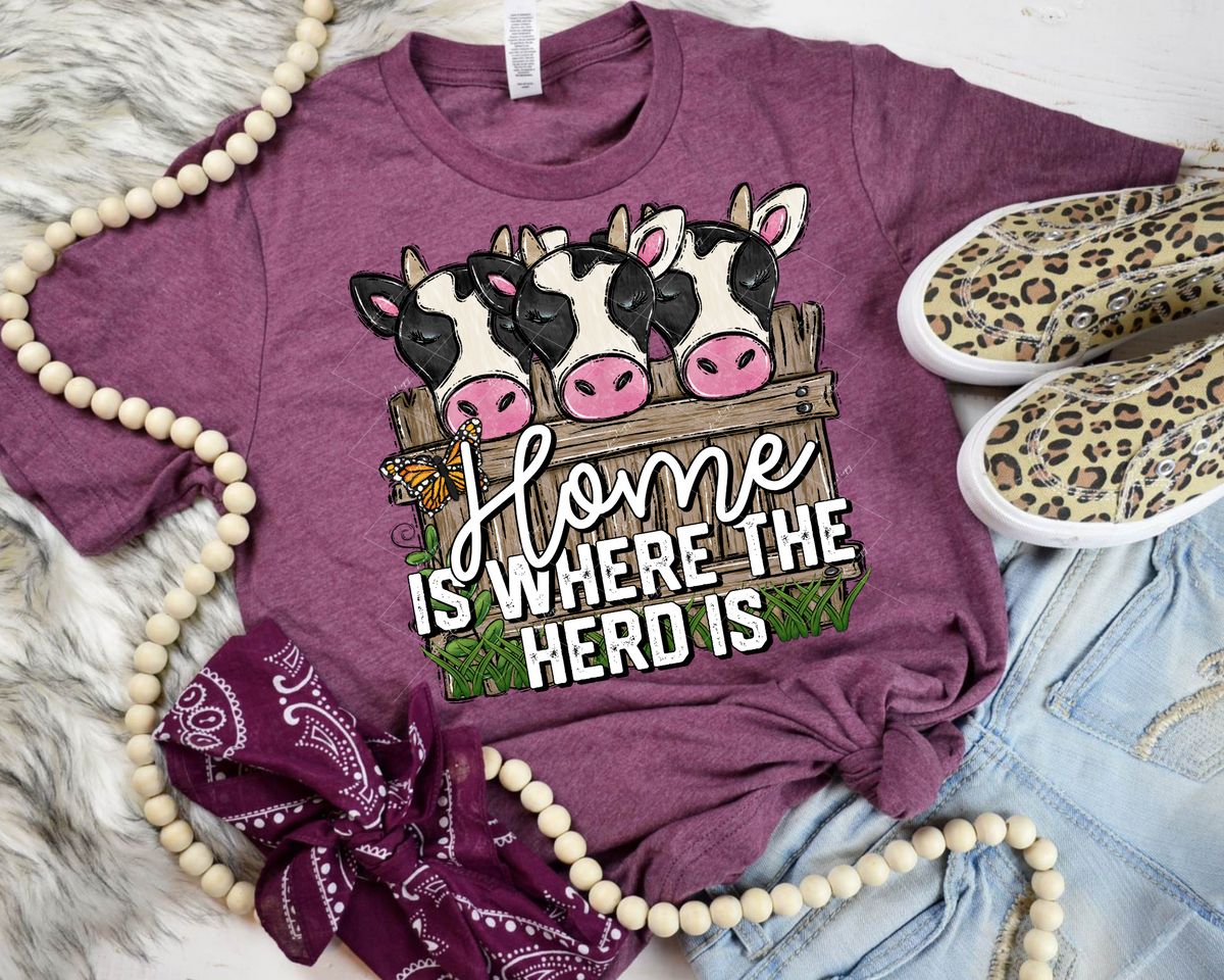 Home Is Where The Herd Is (three cow heads, brown fence, white lettering) 9075 DTF TRANSFER