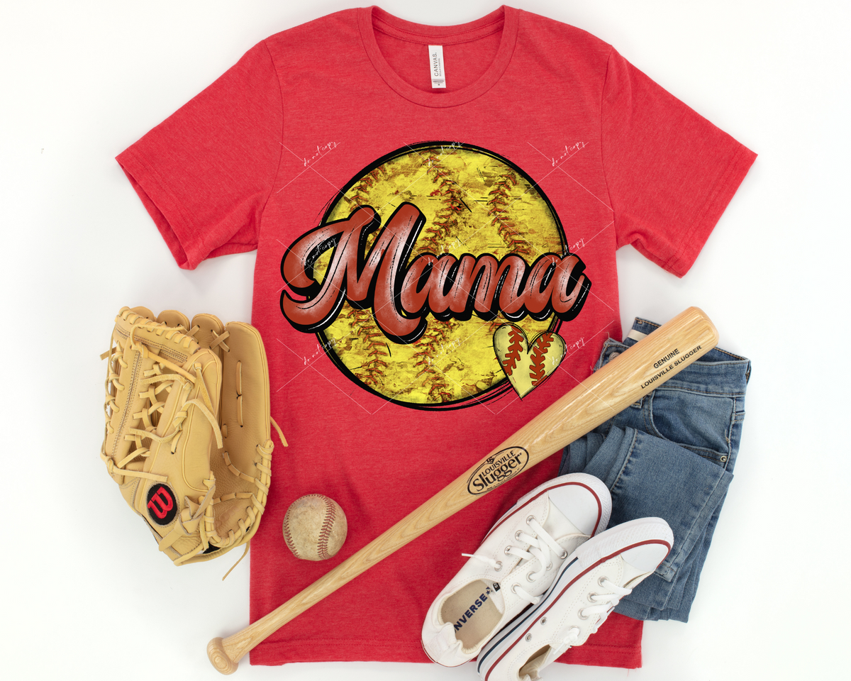 Mama (softball with small heart, red lettering) DTF Transfer