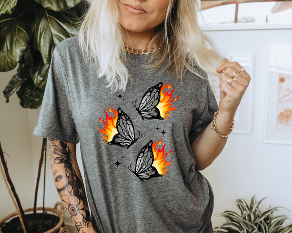 3 Butterflies black outline with flames bright color DTF TRANSFER