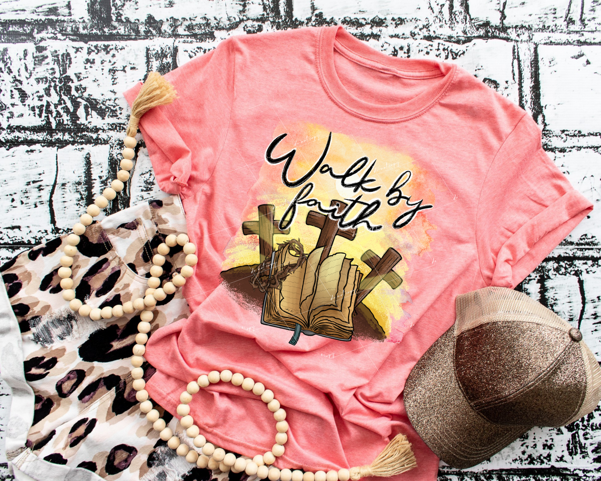 Walk By Faith (three wooden crosses, open book, crown of thorns, black handwriting) 8893 DTF Transfer