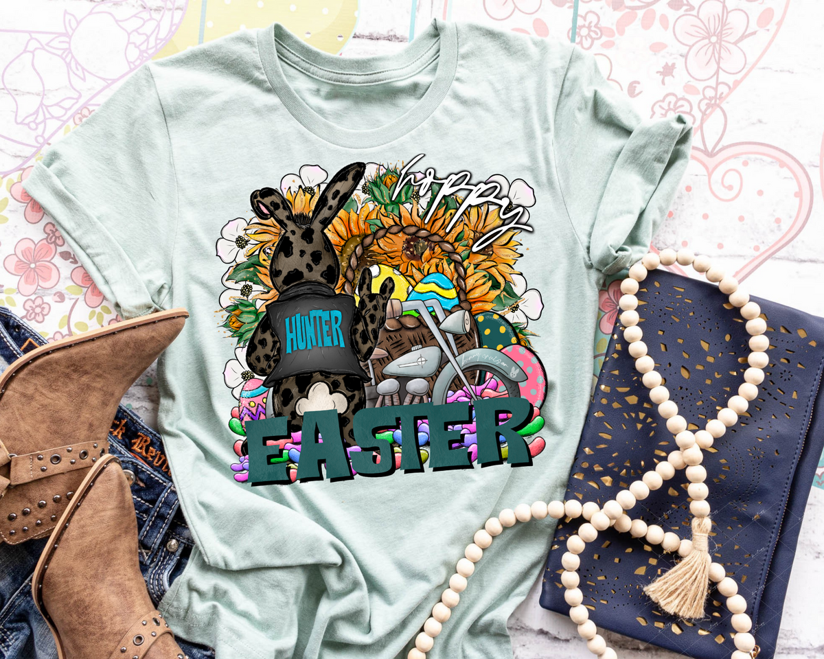 Happy Easter Hunter (rabbit, motorcycle, colored eggs, sunflowers) DTF TRANSFER
