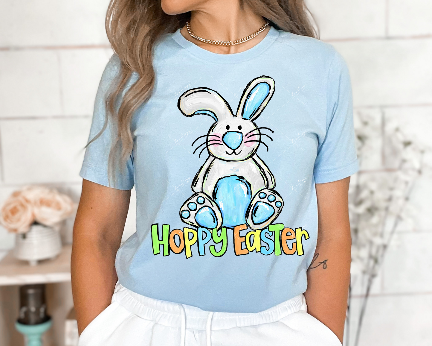 Hoppy Easter Boy Bunny (white & blue bunny, colorful lettering) 1543 DTF TRANSFER