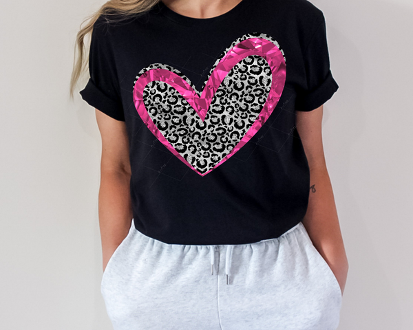 Heart with black and silver leopard outlined in jeweled hot pink design 1549 DTF TRANSFER