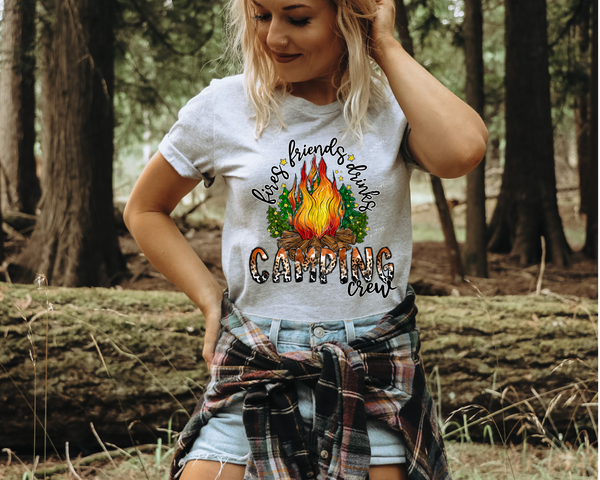 Fires Friends Drinks Camping Crew (campfire with pine tree background, leopard filled lettering, cursive black lettering) 1401 DTF TRANSFER