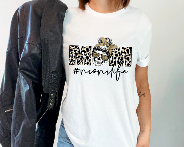 Mom #momlife (leopard print, skull messy bun, sunglasses, hair tie. gold & black colors) DTF Transfer