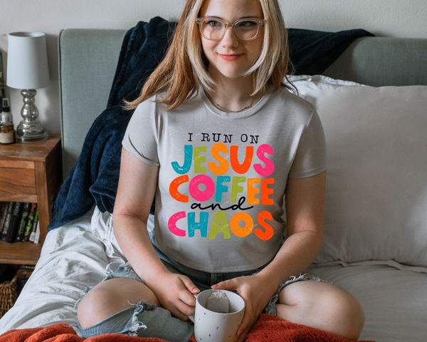 I Run On Jesus Coffee And Chaos (bright block distressed letters, black type and handwriting) 9077DTF TRANSFER