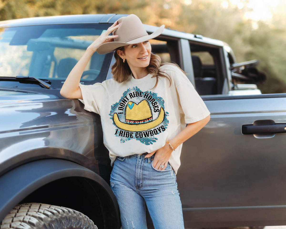 I Don't Ride Horses I Ride Cowboys (blue and red background, cowboy hat, black western lettering) 9078 DTF TRANSFER