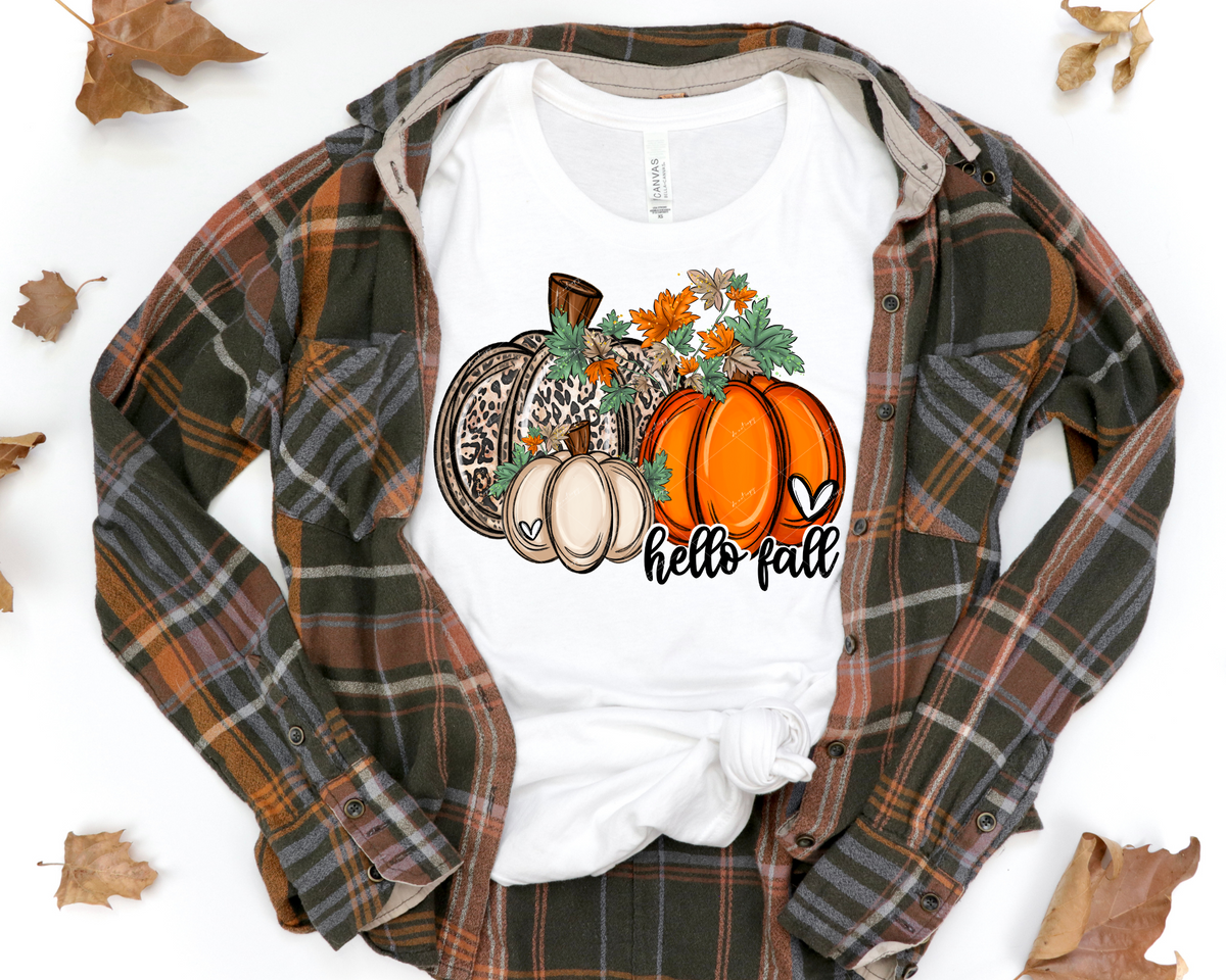 Hello Fall (pumpkins, leaves, leopard, orange) DTF TRANSFER