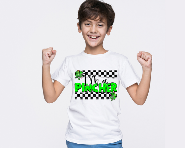 I'm A Pincher (florescent green lettering, clovers, black & white checkers) 9080 DTF TRANSFER